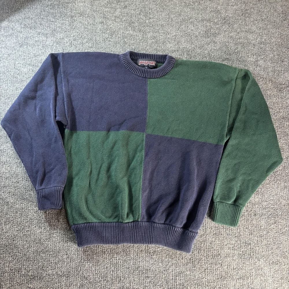 JanSport Sweater Mens XL Green Blue Colorblock Cotton Knit Crewneck Pullover